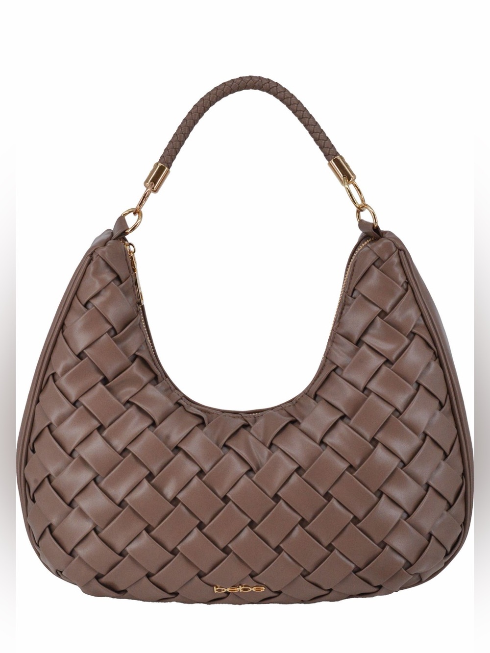 BeBe Large Luca Hobo Shoulder Bag Taupe Gold Hardware Woven Leather Vegan